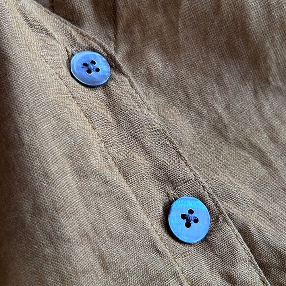 European Flax Linen Button-Up Short Sleeve Blouse Women's M Camel Minimalist Top - Picture 8 of 9
